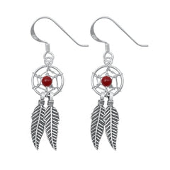 Sterling Silver Oxidized Red Agate Feathers Stone Earrings-10mm