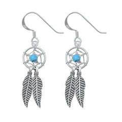 Sterling Silver Oxidized Turquoise Feathers Stone Earrings-10mm