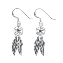 Load image into Gallery viewer, Sterling Silver Oxidized Onyx Feathers Stone Earrings