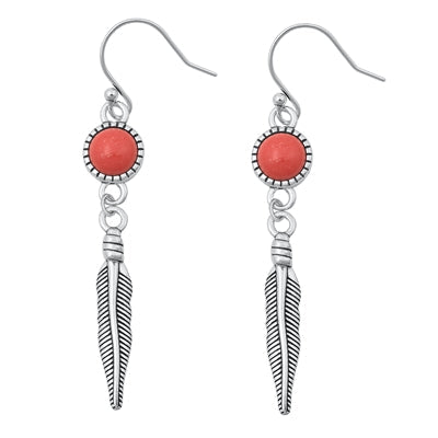 Sterling Silver Oxidized Red Carnelian Feather Earring-36mm