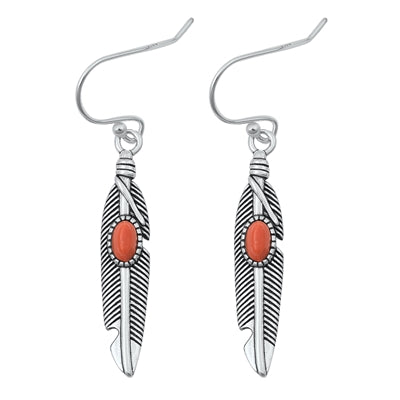Sterling Silver Oxidized Red Carnelian Feather Earring