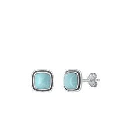 Sterling Silver Oxidized Square Genuine Larimar Stone Earrings Face Height-8.8mm