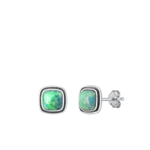 Sterling Silver Oxidized Square Genuine Turquoise Stone Earrings Face Height-8.8mm