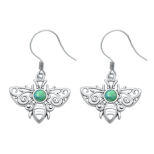 Sterling Silver Oxidized Bee Genuine Turquoise Stone Earrings Face Height-14.8mm