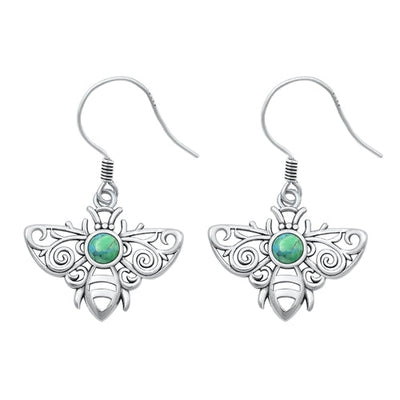Sterling Silver Oxidized Bee Genuine Turquoise Stone Earrings Face Height-14.8mm