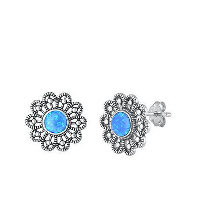 Sterling Silver Oxidized Blue Lab Opal Earrings Face Height-15.6mm