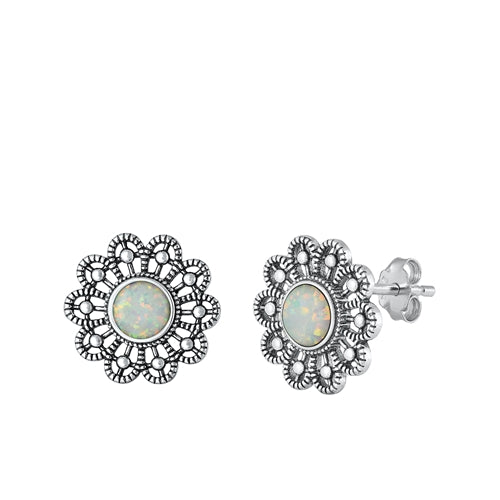 Sterling Silver Oxidized White Lab Opal Earrings Face Height-15.6mm