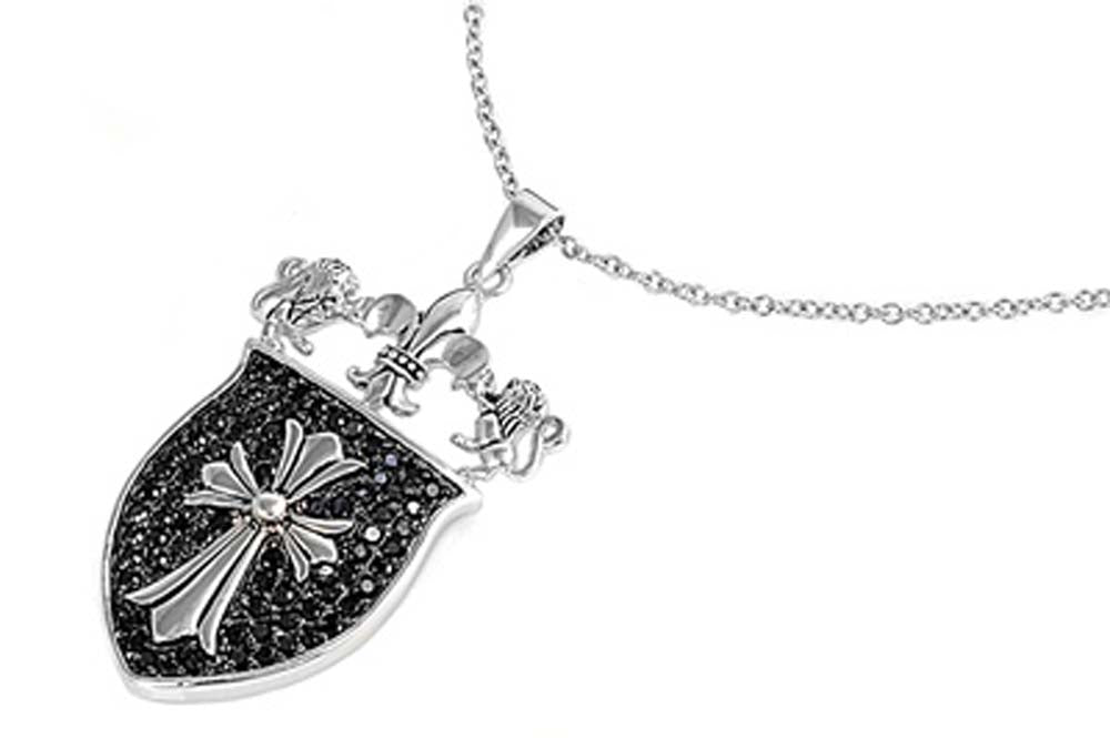 Sterling Silver Necklace Shield With Cross and Fleur De Lise With CZ