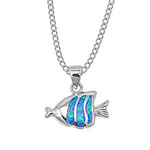 Load image into Gallery viewer, Sterling Silver Fancy Fish with Blue Lab Opal PendantAnd Pendant Height of 11MM and Chain Length of 18 inch + 2 inch extension