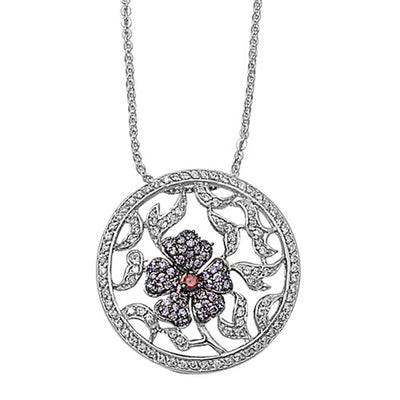 Sterling Silver Amethyst, Garnet and Clear CZ Flower in Round Necklaces