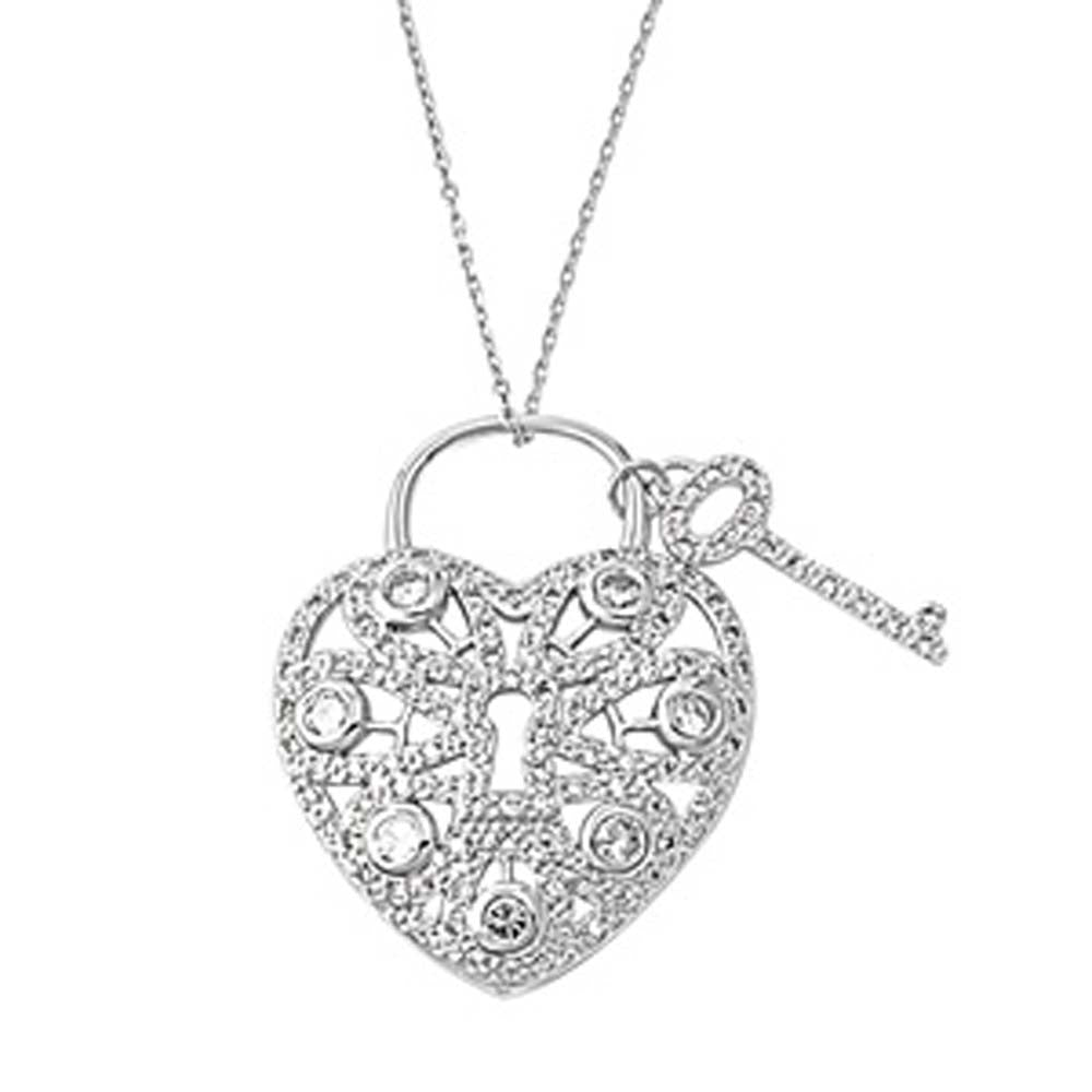 Sterling Silver Classy Heart and Key Necklace Paved with Clear Simulated DiamondsAnd Chain Length 16