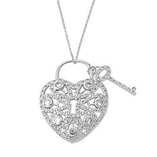 Load image into Gallery viewer, Sterling Silver Classy Heart and Key Necklace Paved with Clear Simulated DiamondsAnd Chain Length 16