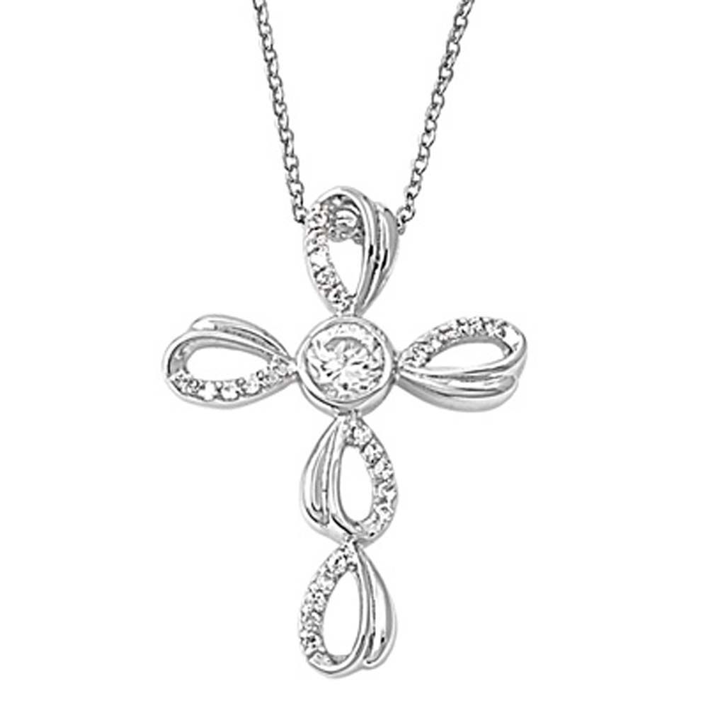 Sterling Silver Elegent Cross Necklace with Simulated DiamondsAnd Length 16