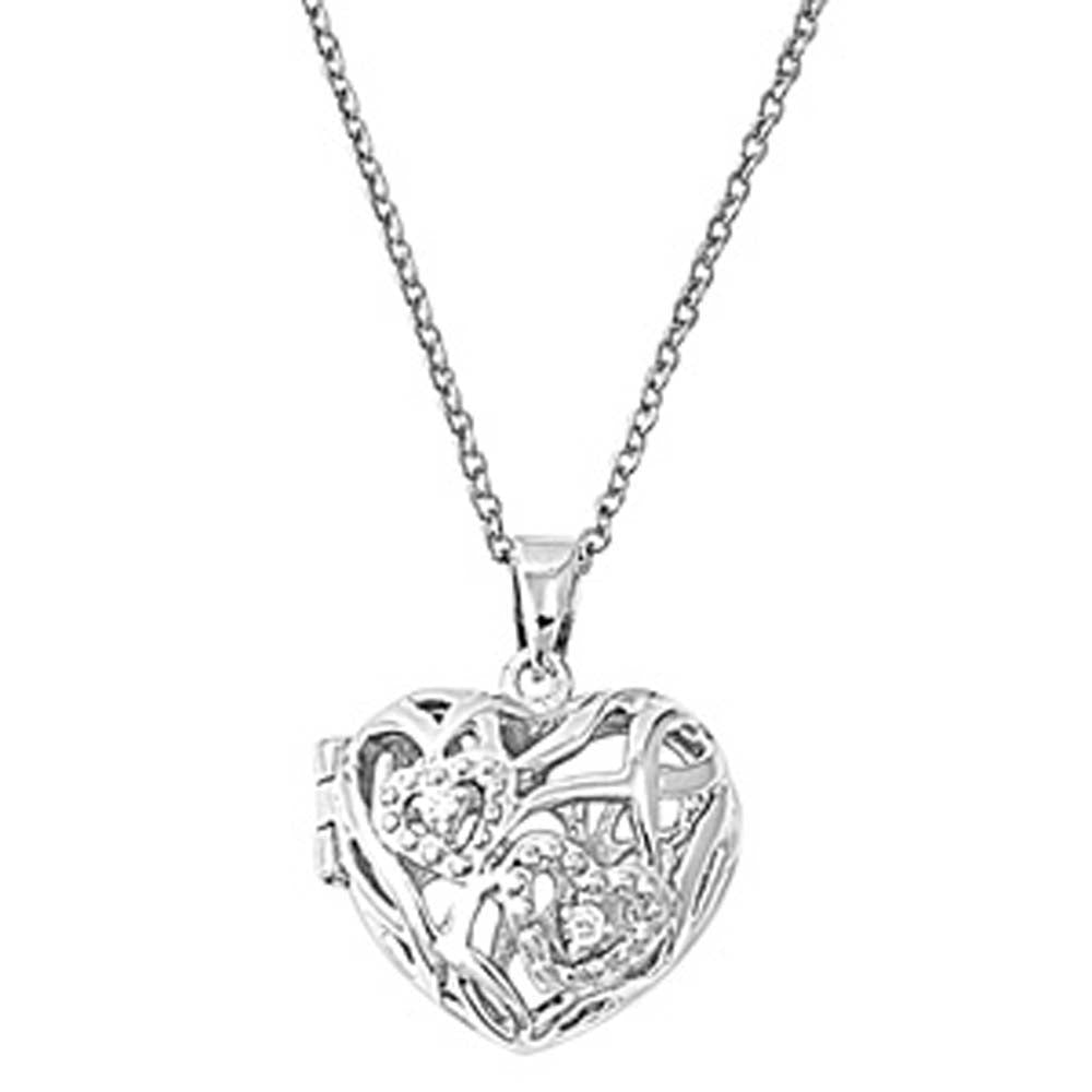 Sterling Silver Ornamental Heart with Clear Simulated DiamondsAnd Chain Length 16