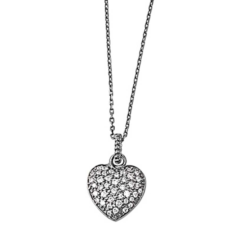 Sterling Silver Classy Heart Necklace with Paved Simulated DiamondsAnd Chain Length 16