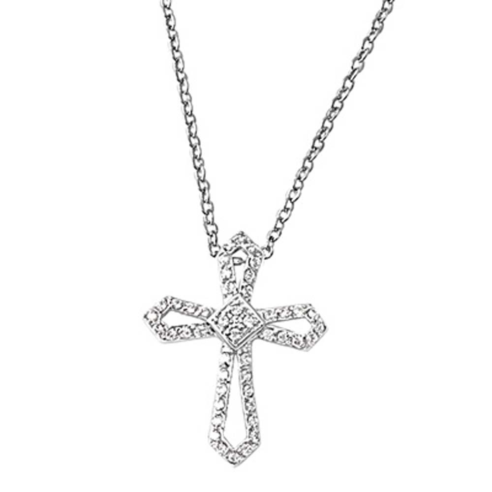 Sterling Silver Fancy Open Cross Necklace Paved with Balck Simulated DiamondsAnd Chain Length 16