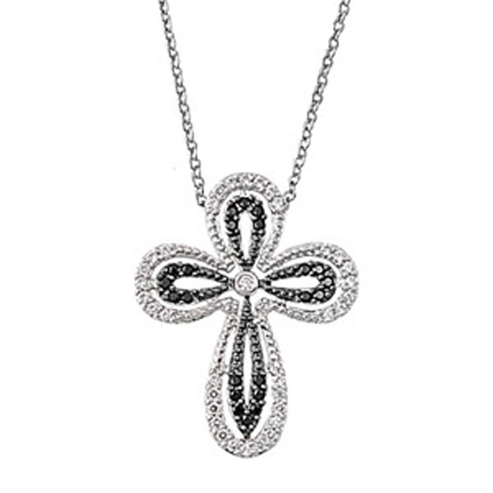 Sterling Silver Fancy Infinity Cross Design Necklace Paved with Clear and Black Simulated DiamondsAnd Chain Length 16