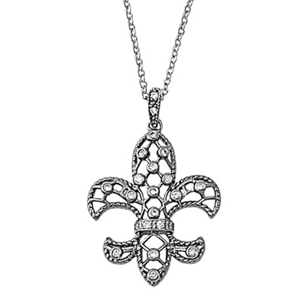 Sterling Silver Elegant Ornamental Fleur De Lis Necklace with Paved Clear Simulated DimandsAnd Chain Length 16