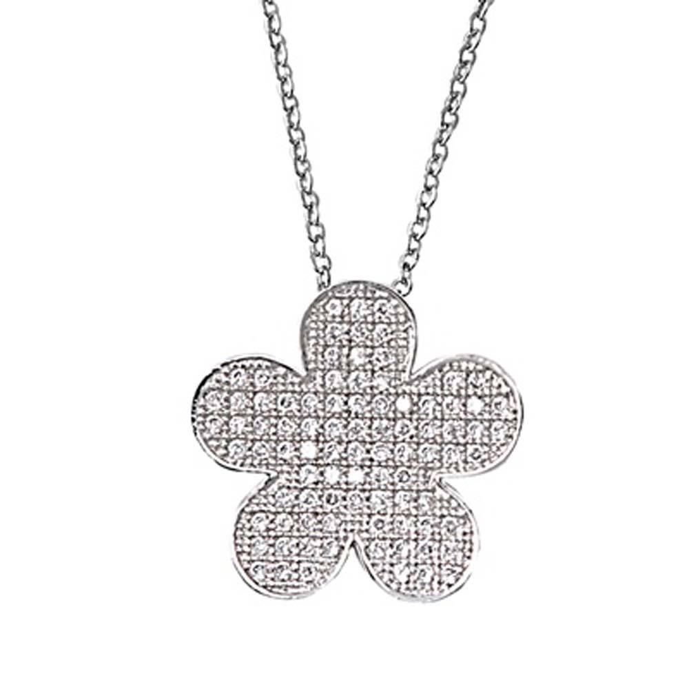 Sterling Silver Stylish Flower Necklase Paved with Clear Simulated DiamondsAnd Chain Length 16