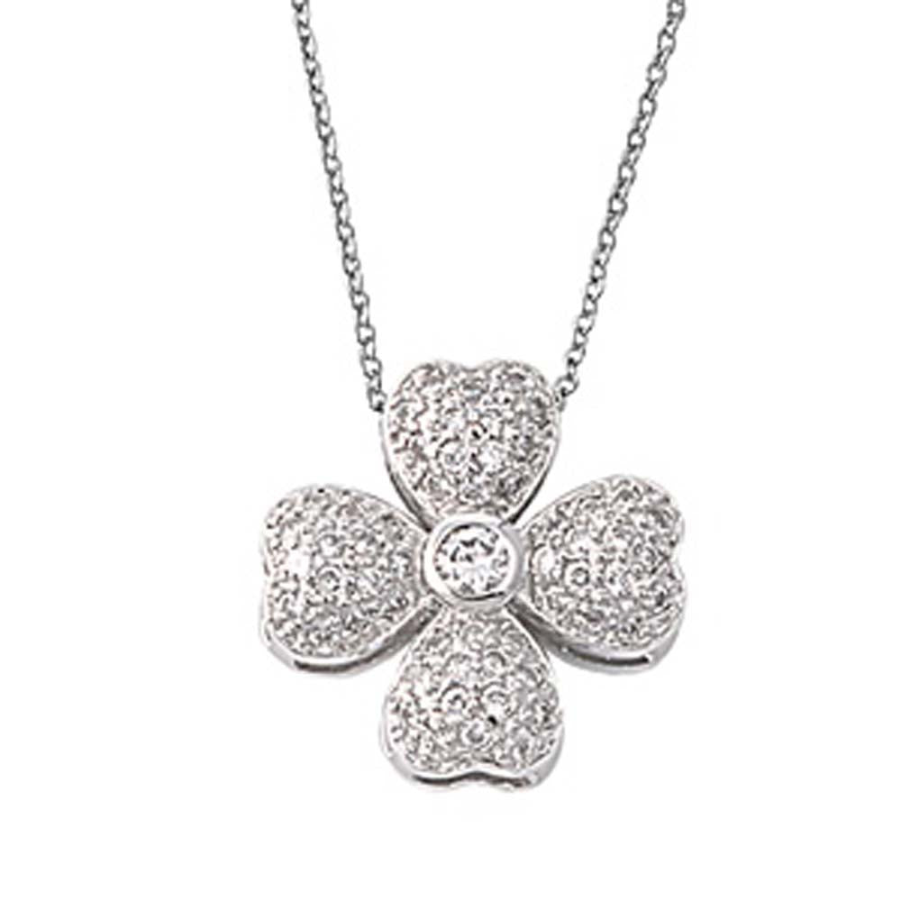 Sterlilng Silver Stylish Clover Necklace with Paved Clear Simulated DiamondsAnd Chain Length 16