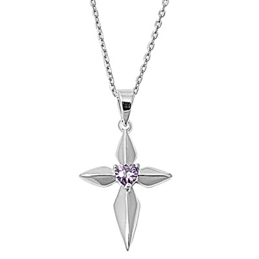 Sterling Silver Elegant Cross Necklace With Centered Heart Cut Amethyst Simualted Diamond Set On Prong SettingAnd Chain Length 16