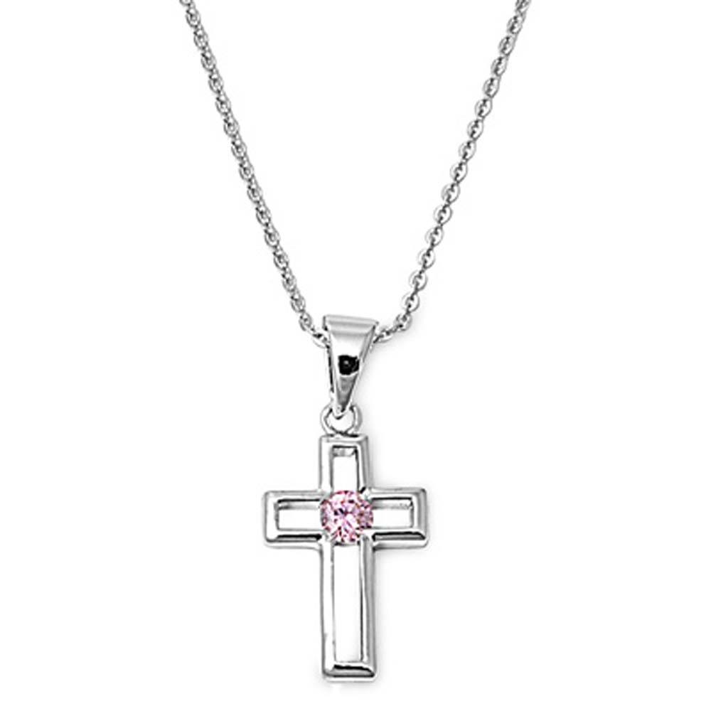 Sterling Silver Fancy Open Cross Necklace with Centered Pink Simulated DiamondAnd Chain Length 16