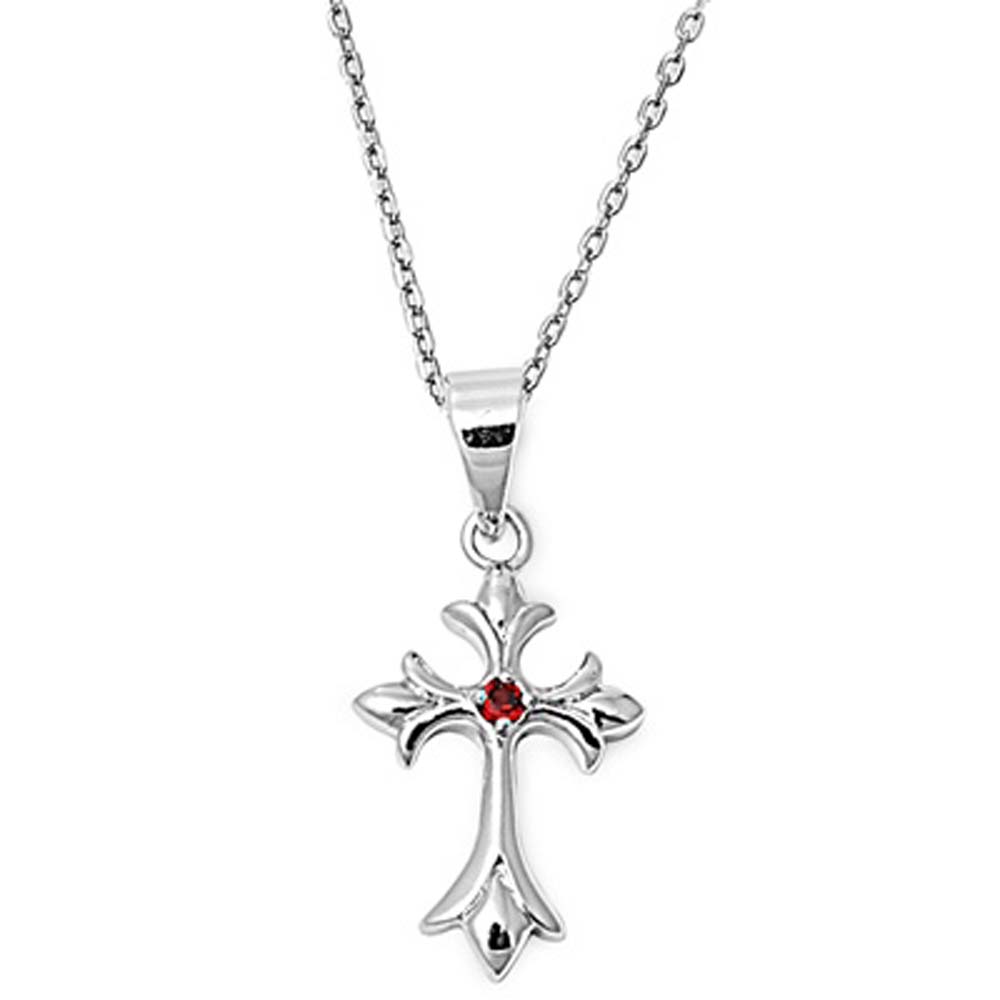 Sterling Silver Fancy Cross Necklace with Centered Red Ruby Simulated DiamondAnd Chain Length 16