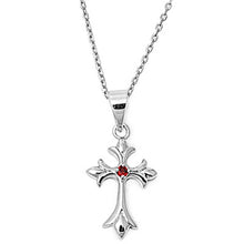 Load image into Gallery viewer, Sterling Silver Fancy Cross Necklace with Centered Red Ruby Simulated DiamondAnd Chain Length 16