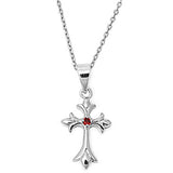 Sterling Silver Fancy Cross Necklace with Centered Red Ruby Simulated DiamondAnd Chain Length 16