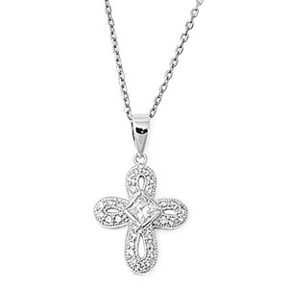 Sterling Silver Elegant Infinity Design Cross Paved with Clear Simulated DiamondsAnd Chain Length 16