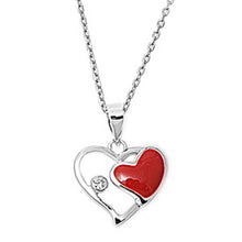 Load image into Gallery viewer, Sterling Silver Fancy Double Heart Necklace with Clear Simulated Diamond and Red HeartAnd Chain Length 16