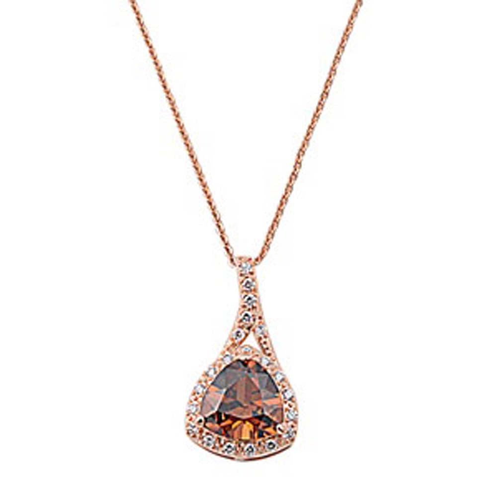 Sterling Silver Rose Gold Plated Elegant Trillion Cut Simulated Diamond on Paved Halo SettingAnd Chain Length 16