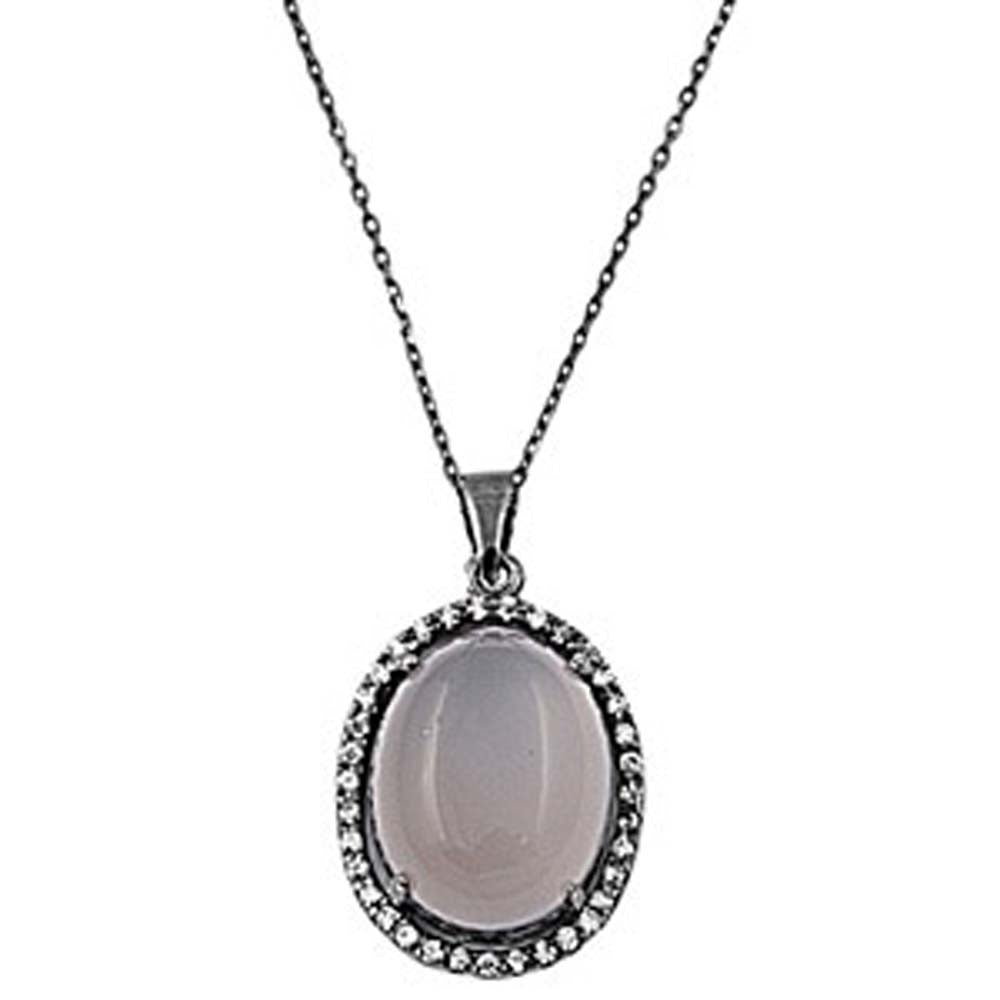 Sterling Silver Fancy Moonstone Necklace with Clear Simulated DiamondsAnd Chain Length 16