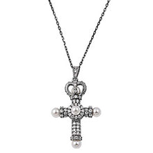 Load image into Gallery viewer, Sterling Silver Fancy Paved Cross Necklace with Crown and Simulated Frishwater PearlsAnd Chain Length 16