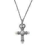 Sterling Silver Fancy Paved Cross Necklace with Crown and Simulated Frishwater PearlsAnd Chain Length 16