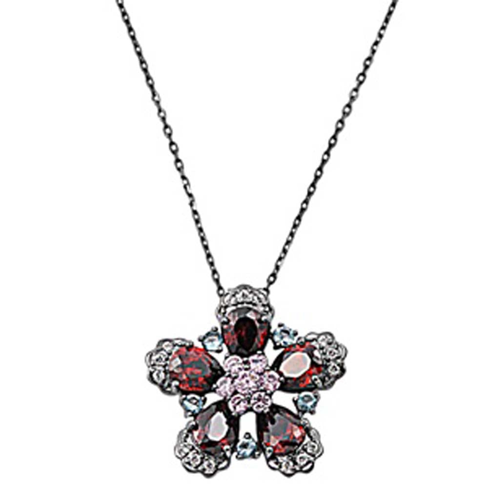 Sterling Silver Fancy Flower Design Paved with Multi Color Simulated DiamondsAnd Chain Length 16