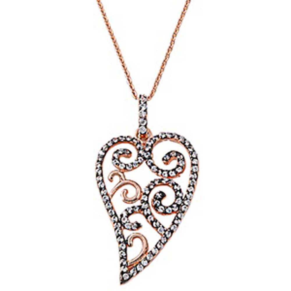 Sterling Silver Rose Gold Plated Fancy Ornamental Desgin Leaf Necklace Paved with Clear Simulated DiamondsAnd Length 16