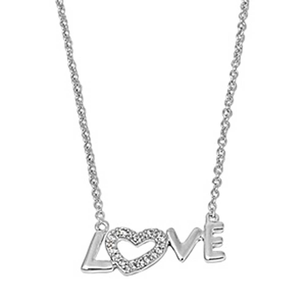 Sterling Silver Stylish  LOVE  Word Necklace with Paved Open Heart DesignAnd Chain Length 16