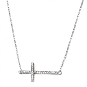 Sterling Silver Sideway Cross Clear CZ Necklace