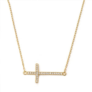 Sterling Silver Yellow Gold Plated Sideway Cross Clear CZ Necklace
