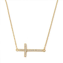 Load image into Gallery viewer, Sterling Silver Yellow Gold Plated Sideway Cross Clear CZ Necklace