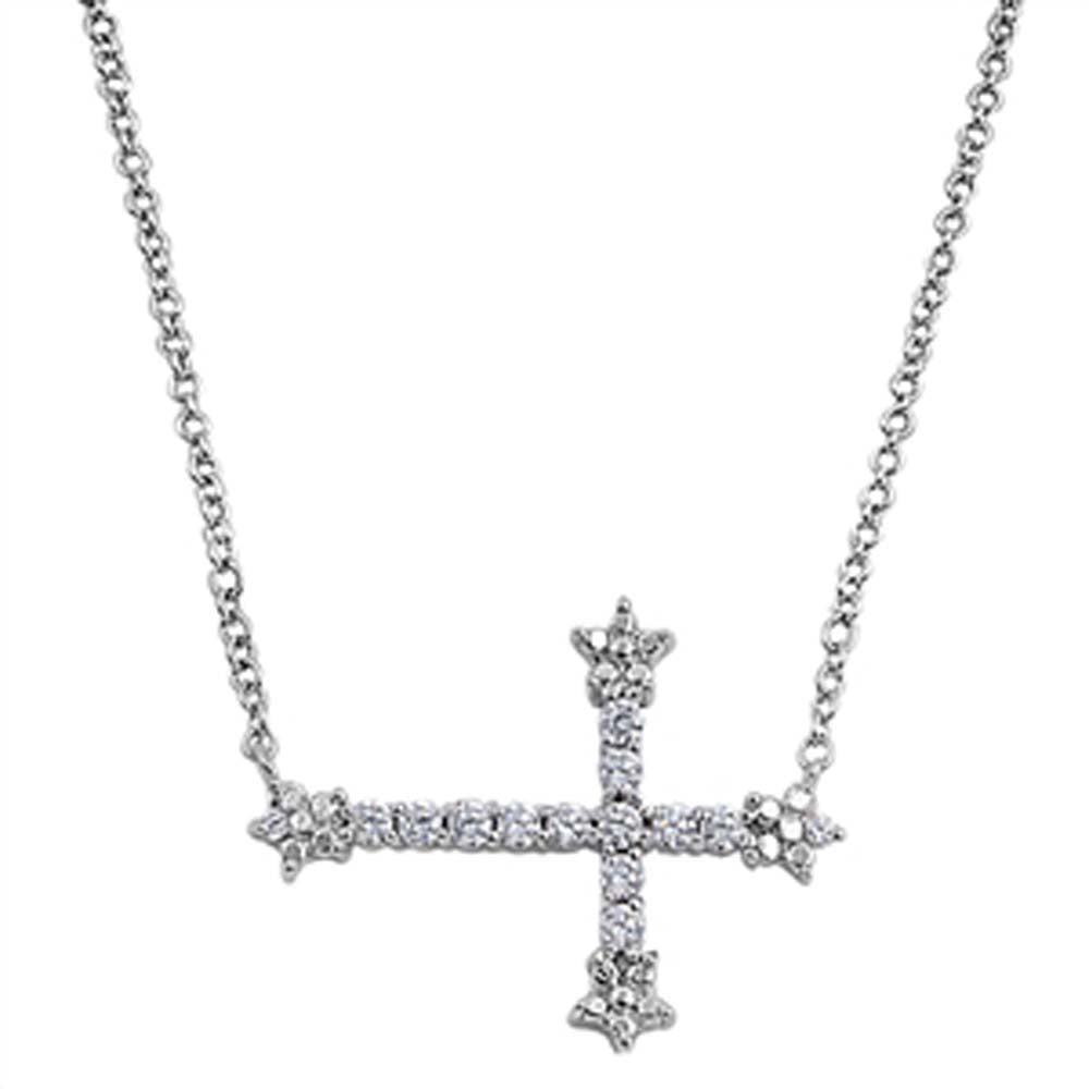 Sterling Silver Elegant Sideways Cross Paved with Clear CZ, Chain Length 16"
