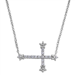 Sterling Silver Elegant Sideways Cross Paved with Clear CZ, Chain Length 16
