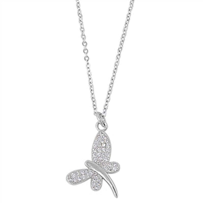 Sterling Silver Fancy Dragonfly Necklace Paved with Clear CZ And Chain Length 16