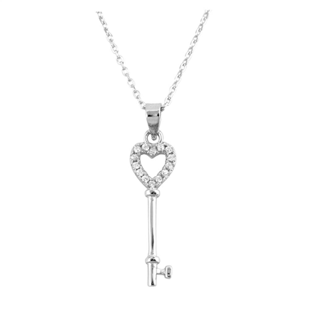 Sterling Silver Clear CZ Heart and Key Necklace