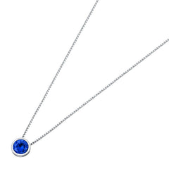 Sterling Silver Round Blue Sapphire CZ Bezel Solitaire Necklace