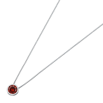 Sterling Silver Round Garnet CZ Bezel Solitaire Necklace