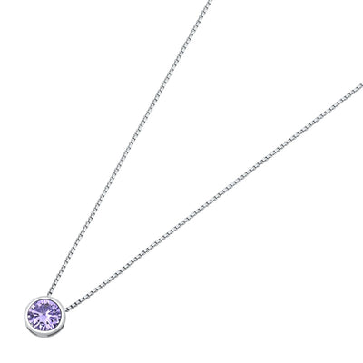 Sterling Silver Round Lavender CZ Bezel Solitaire Necklace