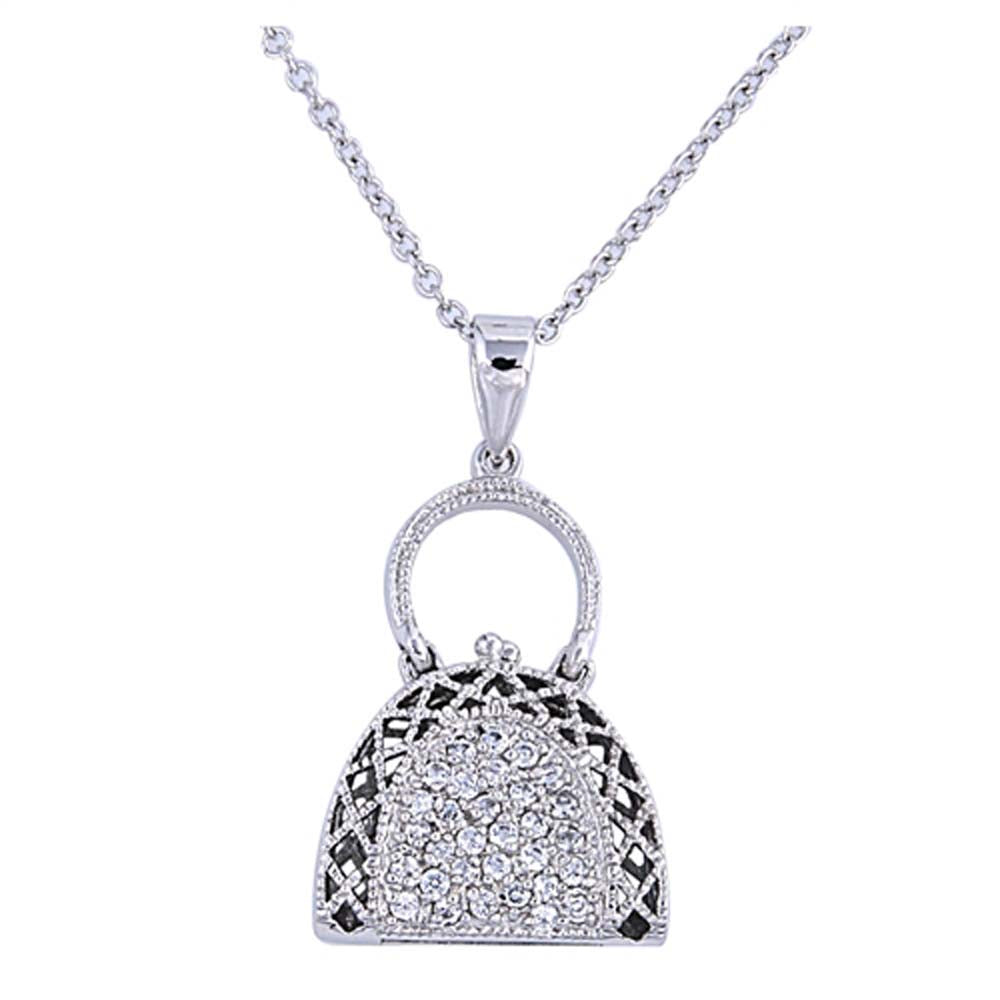 Sterling Silver Necklace Purse With CZ