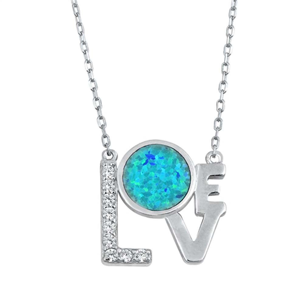 Sterling Silver Blue Lab Opal and Clear CZ Love Shape Necklace